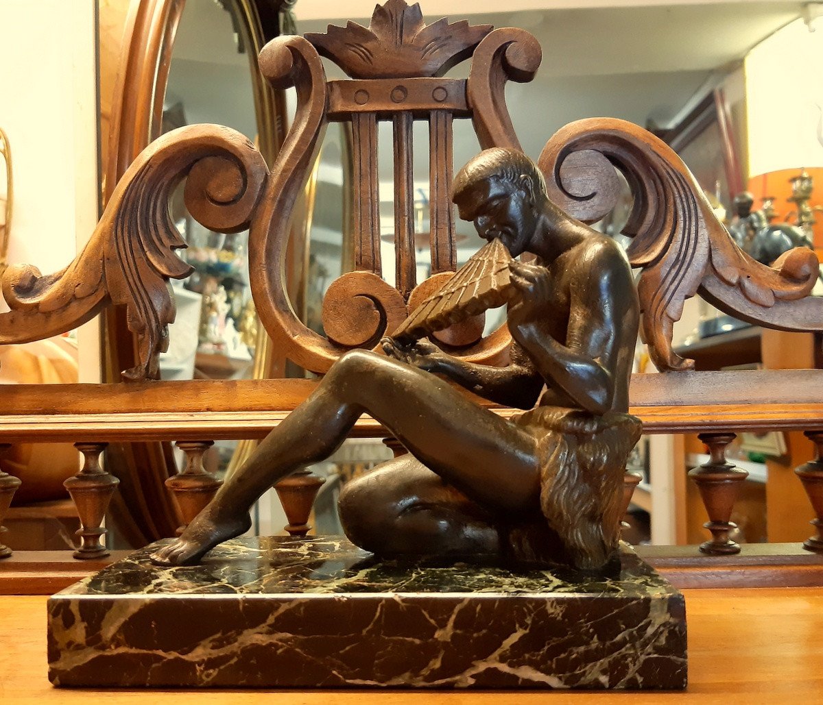 Sculpture Faune Satyre Musicien Antique Flûte De Pan Art Déco 1930-photo-2