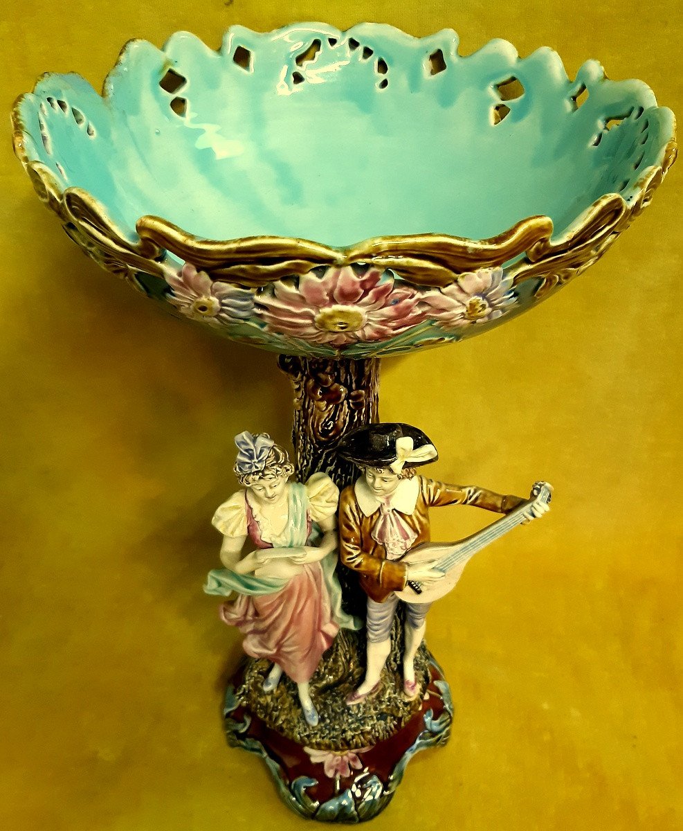 Large Cup Display Centerpiece Art Nouveau Barbotine Romantic Musician Singer-photo-2