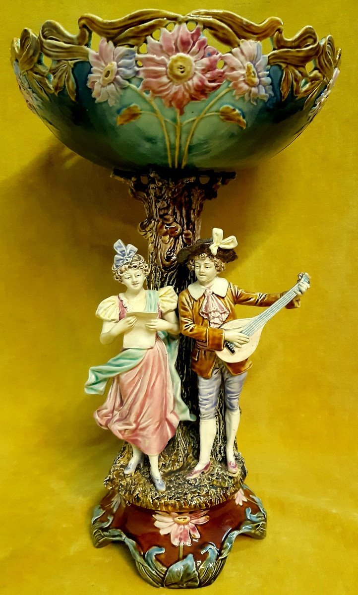 Large Cup Display Centerpiece Art Nouveau Barbotine Romantic Musician Singer