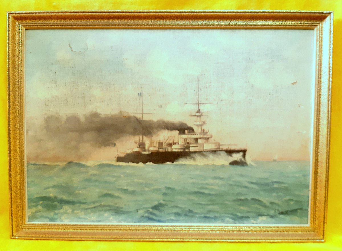 Pair Of Oil On Canvas French Steam War Boats 1914-18 By B.rebours-photo-2