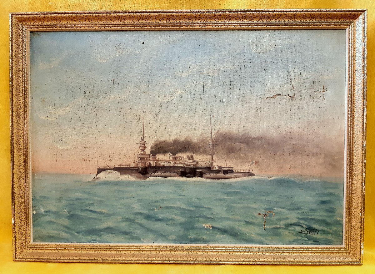 Pair Of Oil On Canvas French Steam War Boats 1914-18 By B.rebours-photo-3