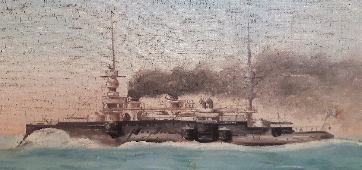 Pair Of Oil On Canvas French Steam War Boats 1914-18 By B.rebours-photo-5