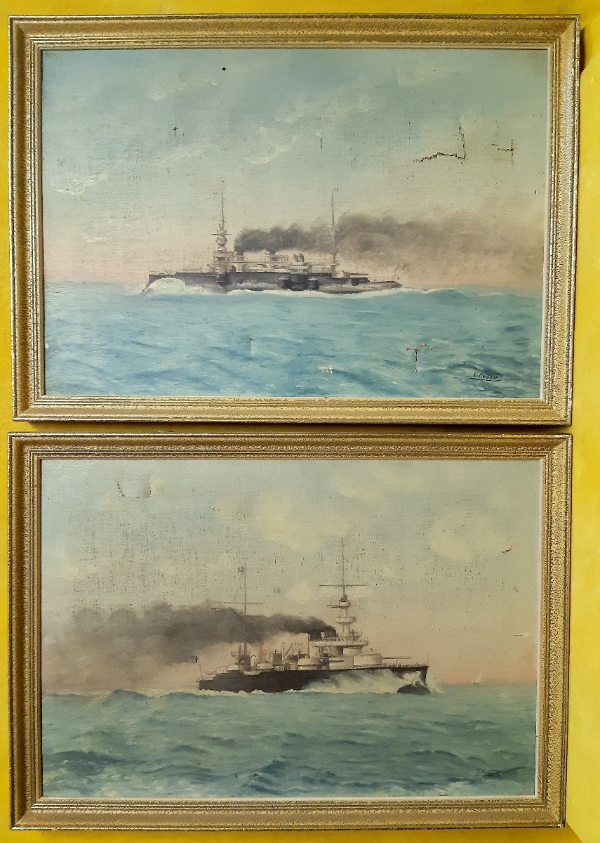 Pair Of Oil On Canvas French Steam War Boats 1914-18 By B.rebours-photo-8