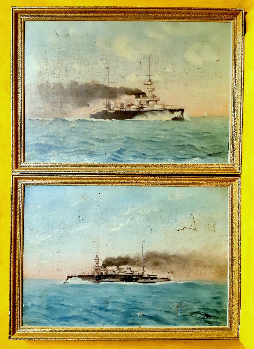 Pair Of Oil On Canvas French Steam War Boats 1914-18 By B.rebours
