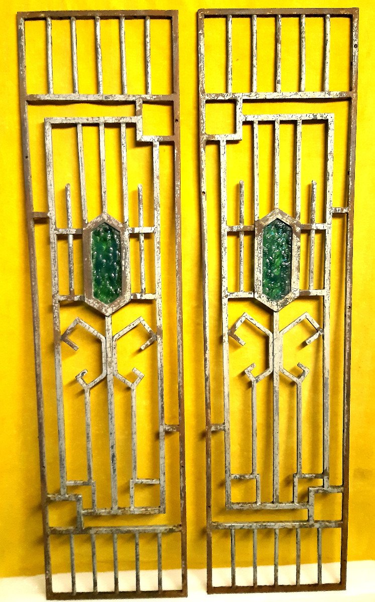 Pair Of 1930 Art Deco Metal Grid With Turquoise Glass Slab For Door Or Decoration
