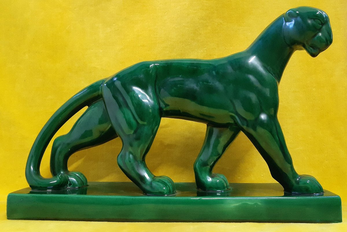 Sculpture Panther Leopard Earthenware St Clément Art Deco 30-50 Style Jouve, Le Jean.-photo-2