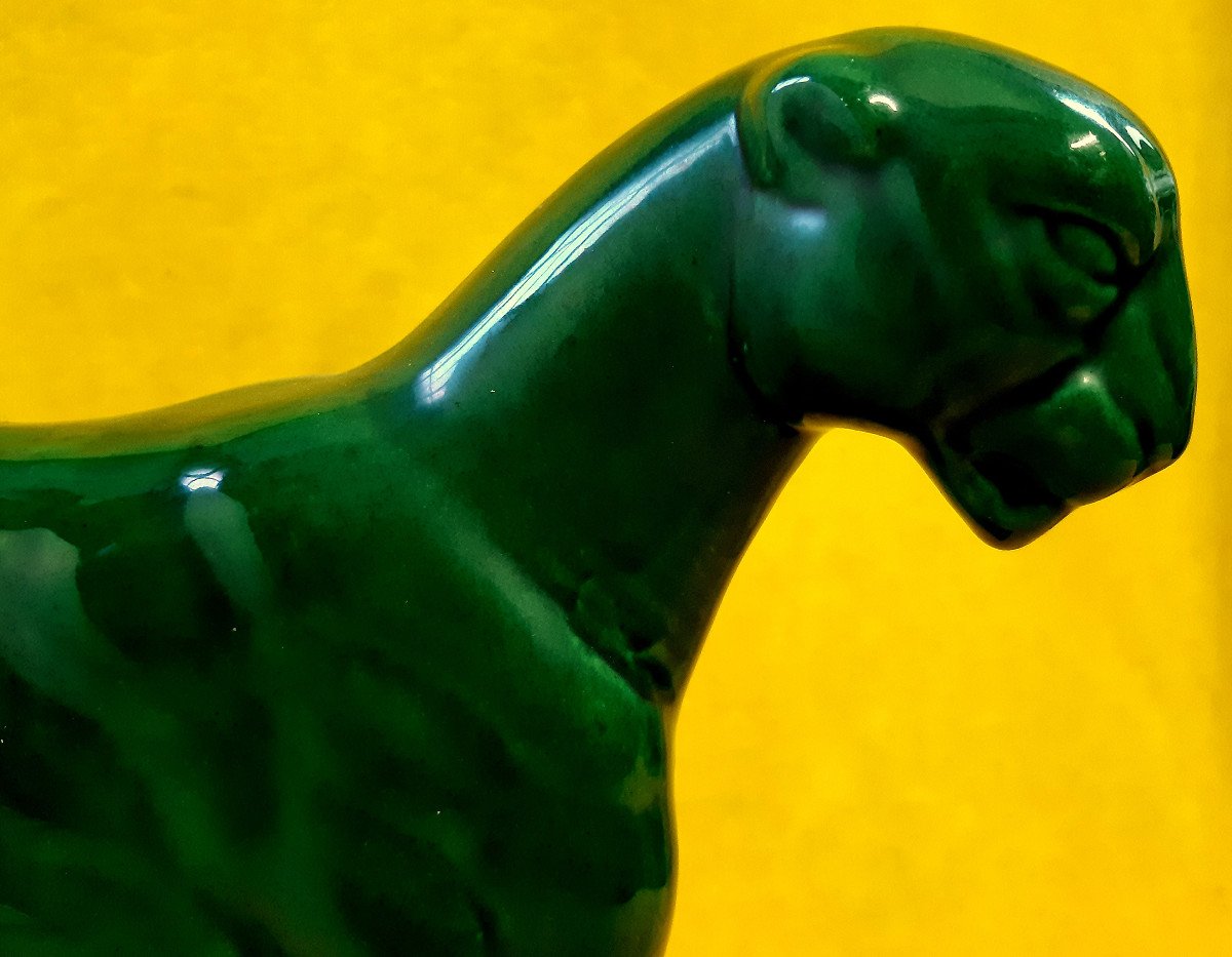 Sculpture Panther Leopard Earthenware St Clément Art Deco 30-50 Style Jouve, Le Jean.-photo-2
