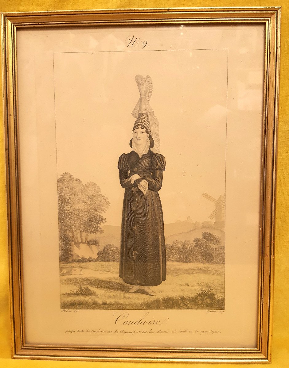 4 Gravures De Femme En Costume Régional Normand «1827 » D’après Benoît Pêcheux Encadrement Doré-photo-4