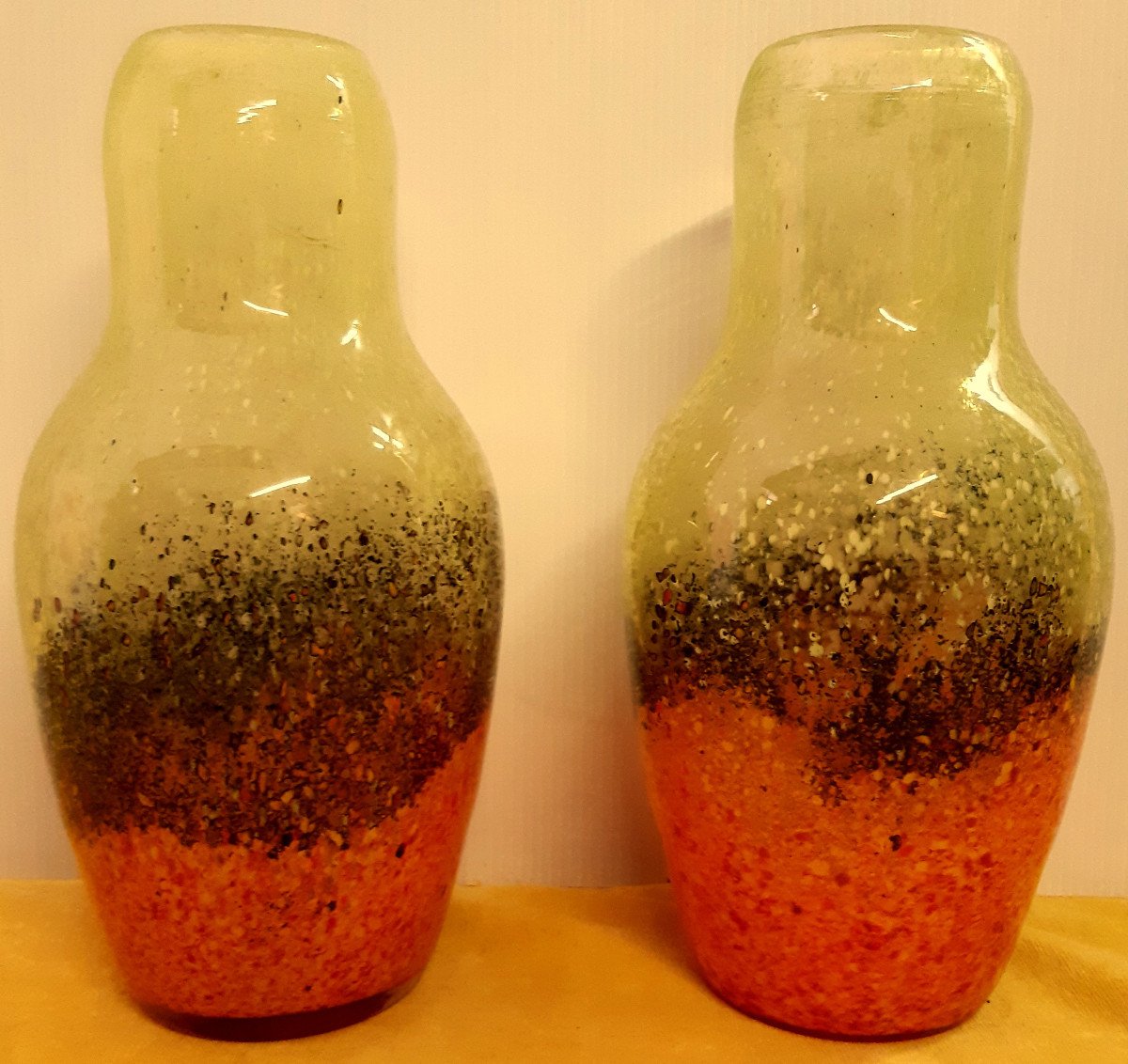 Pairs Large Vintage Volcanic Eruption Color Blown Murano Baluster Vases-photo-3