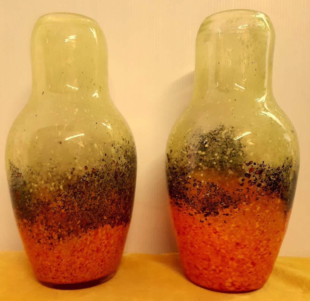 Pairs Large Vintage Volcanic Eruption Color Blown Murano Baluster Vases-photo-4