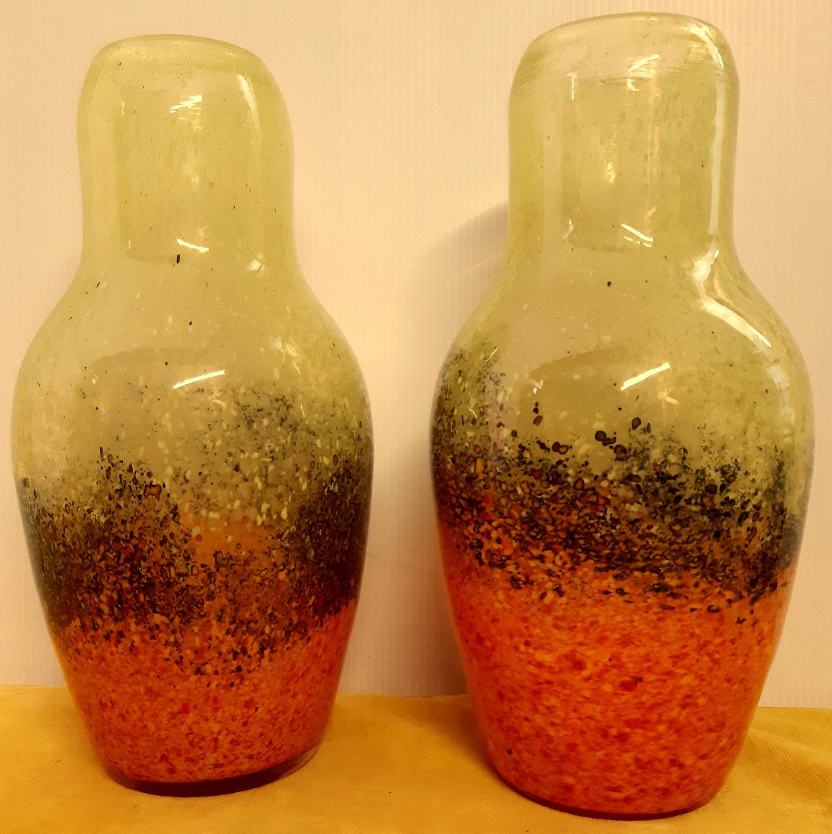 Pairs Large Vintage Volcanic Eruption Color Blown Murano Baluster Vases-photo-1