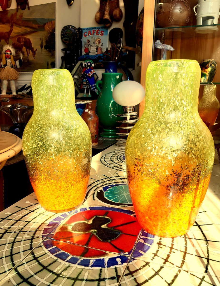 Pairs Large Vintage Volcanic Eruption Color Blown Murano Baluster Vases-photo-8