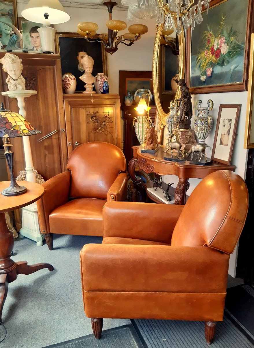  Club Armchair 1930 Art Deco Reclining Rounded Folder Havana Leather.-photo-2