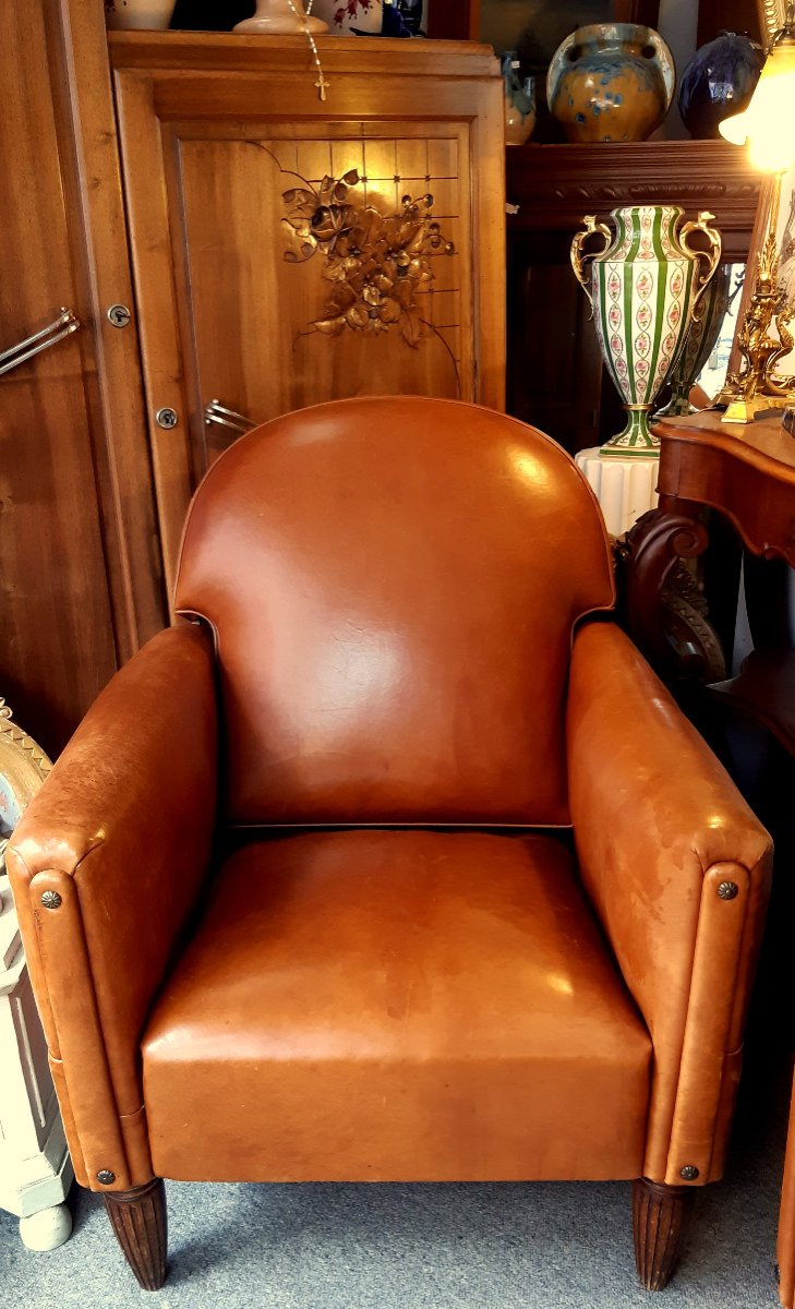  Club Armchair 1930 Art Deco Reclining Rounded Folder Havana Leather.-photo-4