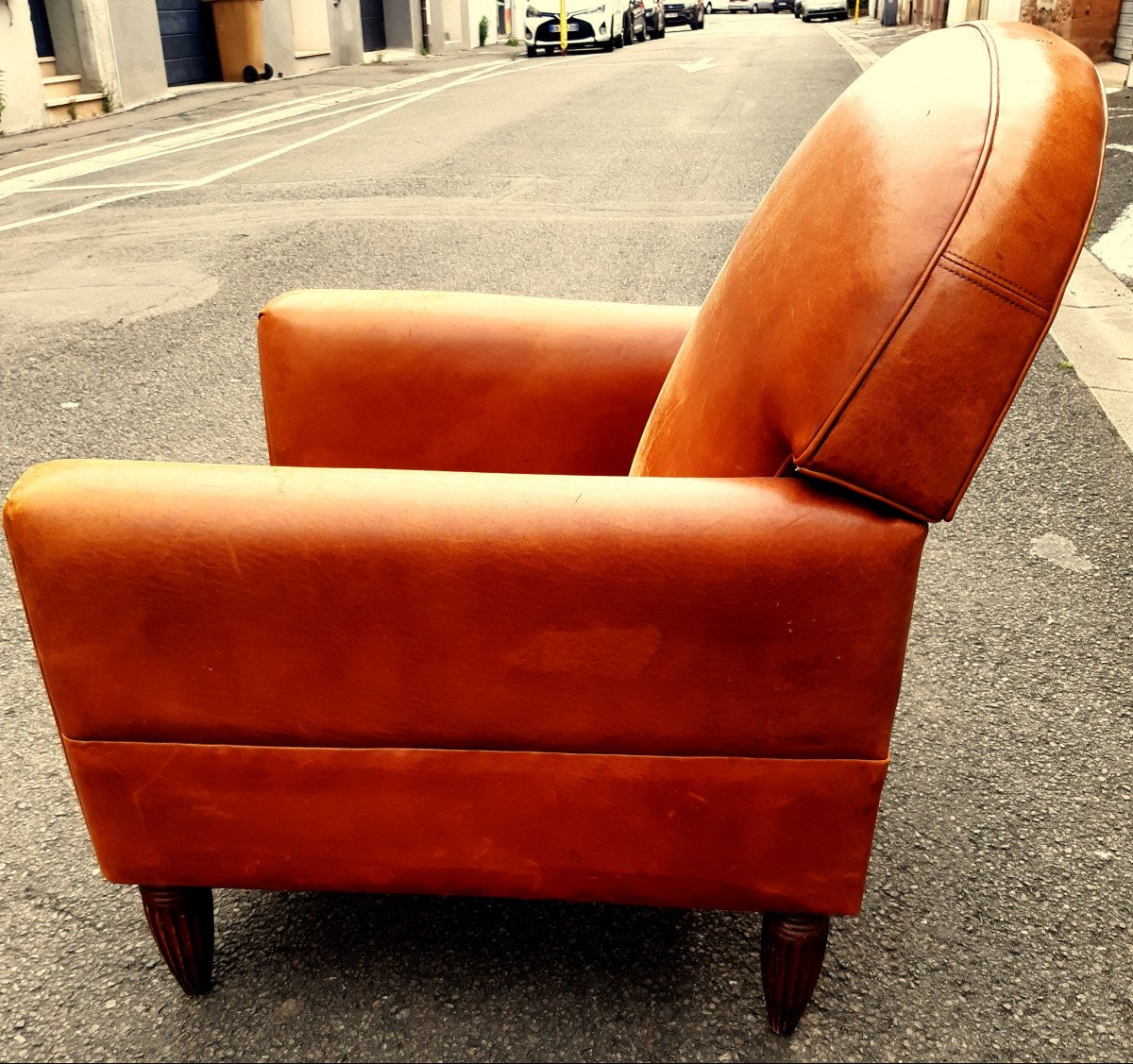  Club Armchair 1930 Art Deco Reclining Rounded Folder Havana Leather.-photo-3