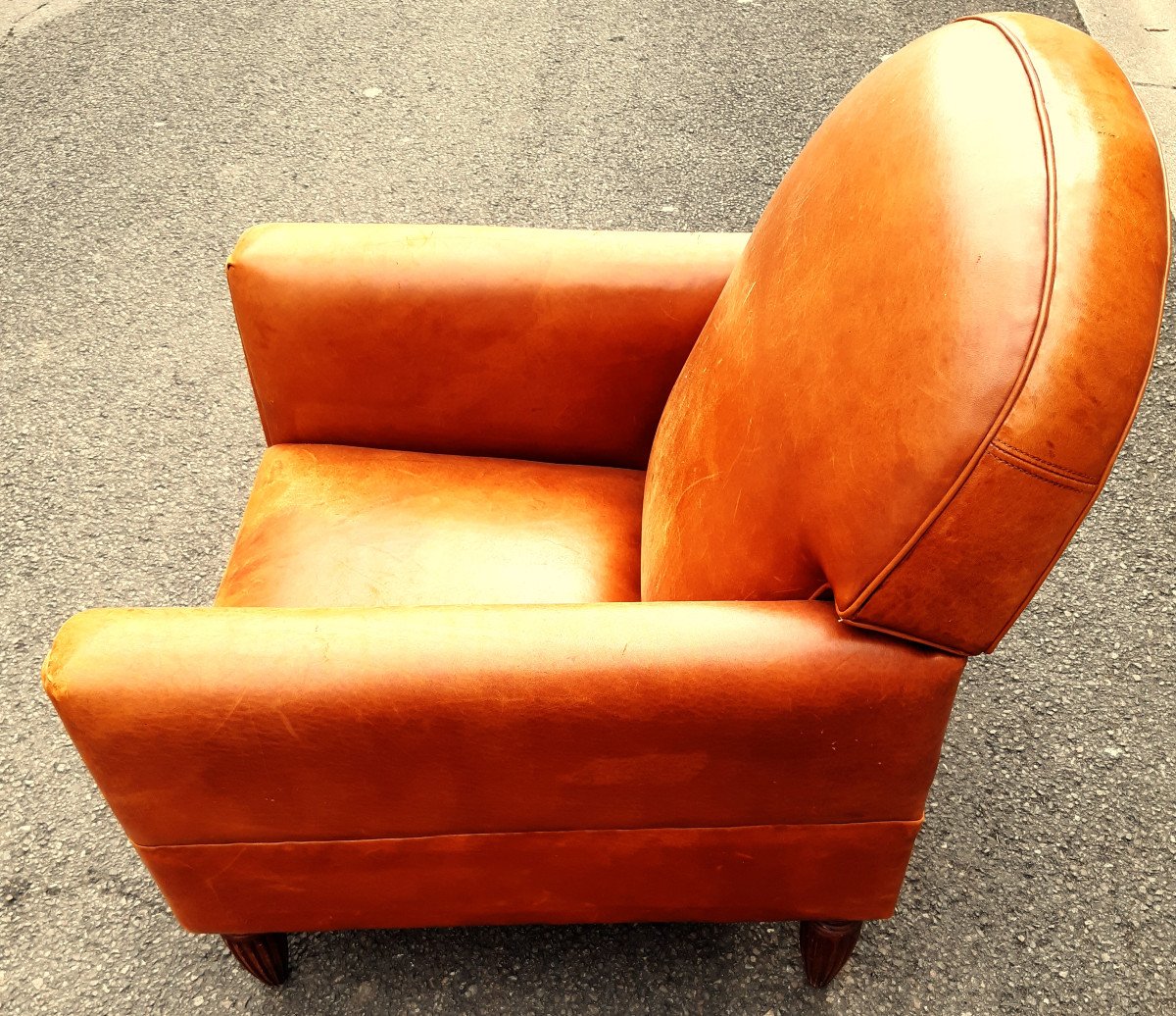  Club Armchair 1930 Art Deco Reclining Rounded Folder Havana Leather.-photo-4