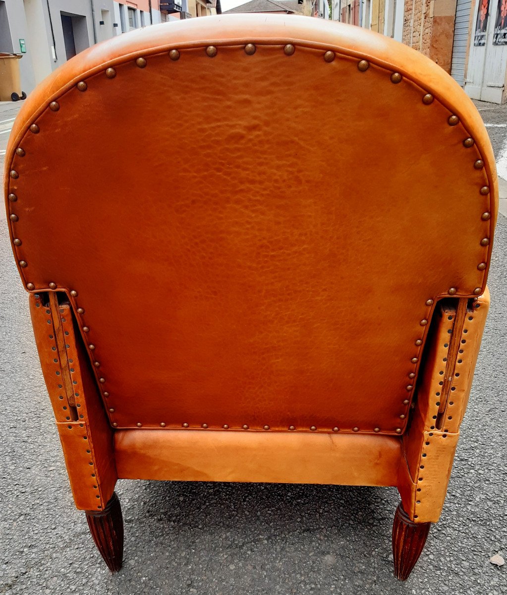  Club Armchair 1930 Art Deco Reclining Rounded Folder Havana Leather.-photo-5