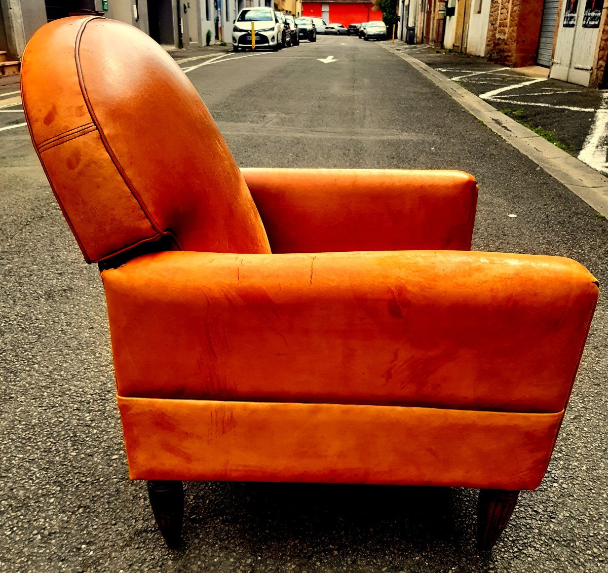  Club Armchair 1930 Art Deco Reclining Rounded Folder Havana Leather.-photo-6