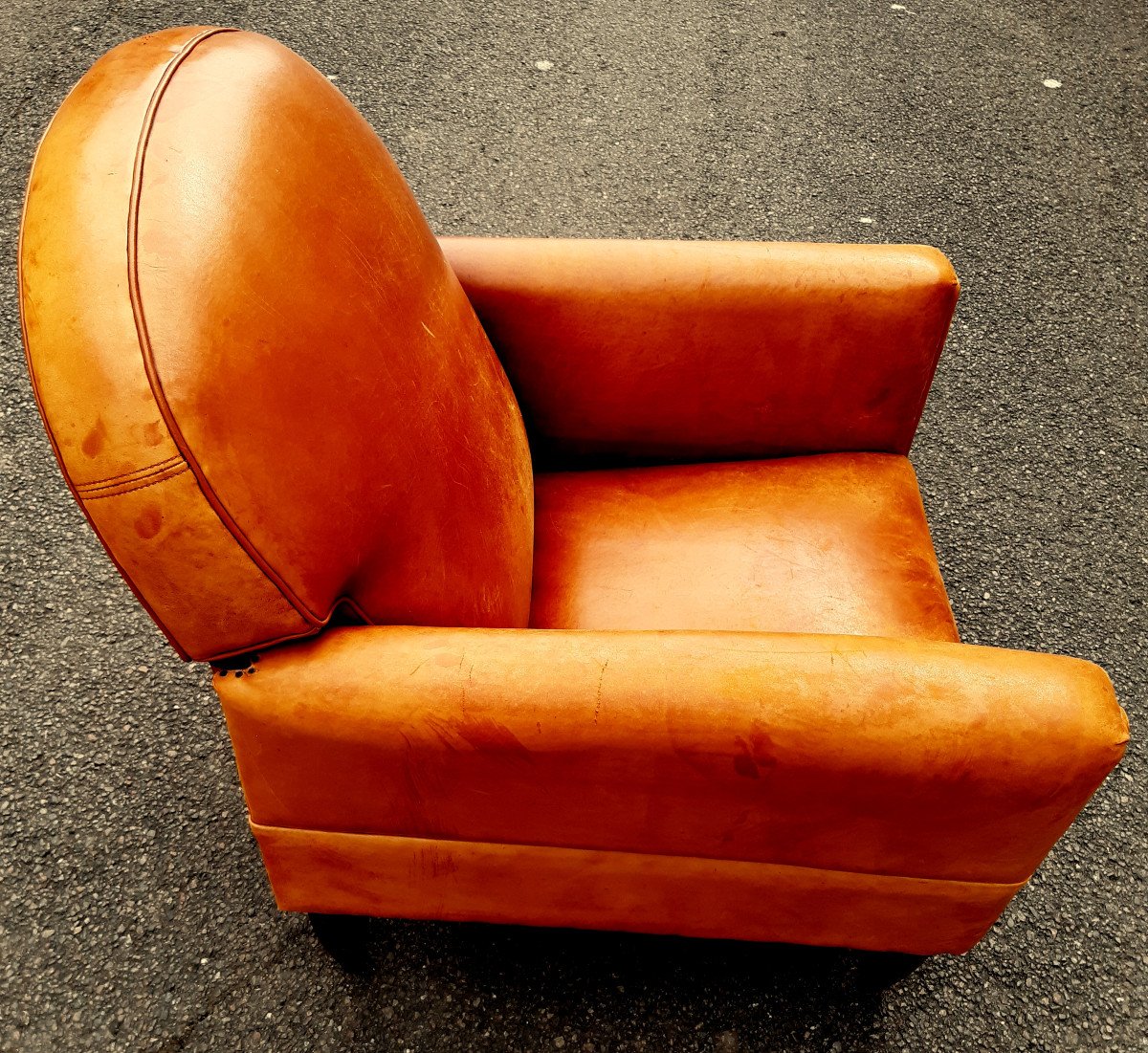  Club Armchair 1930 Art Deco Reclining Rounded Folder Havana Leather.-photo-7