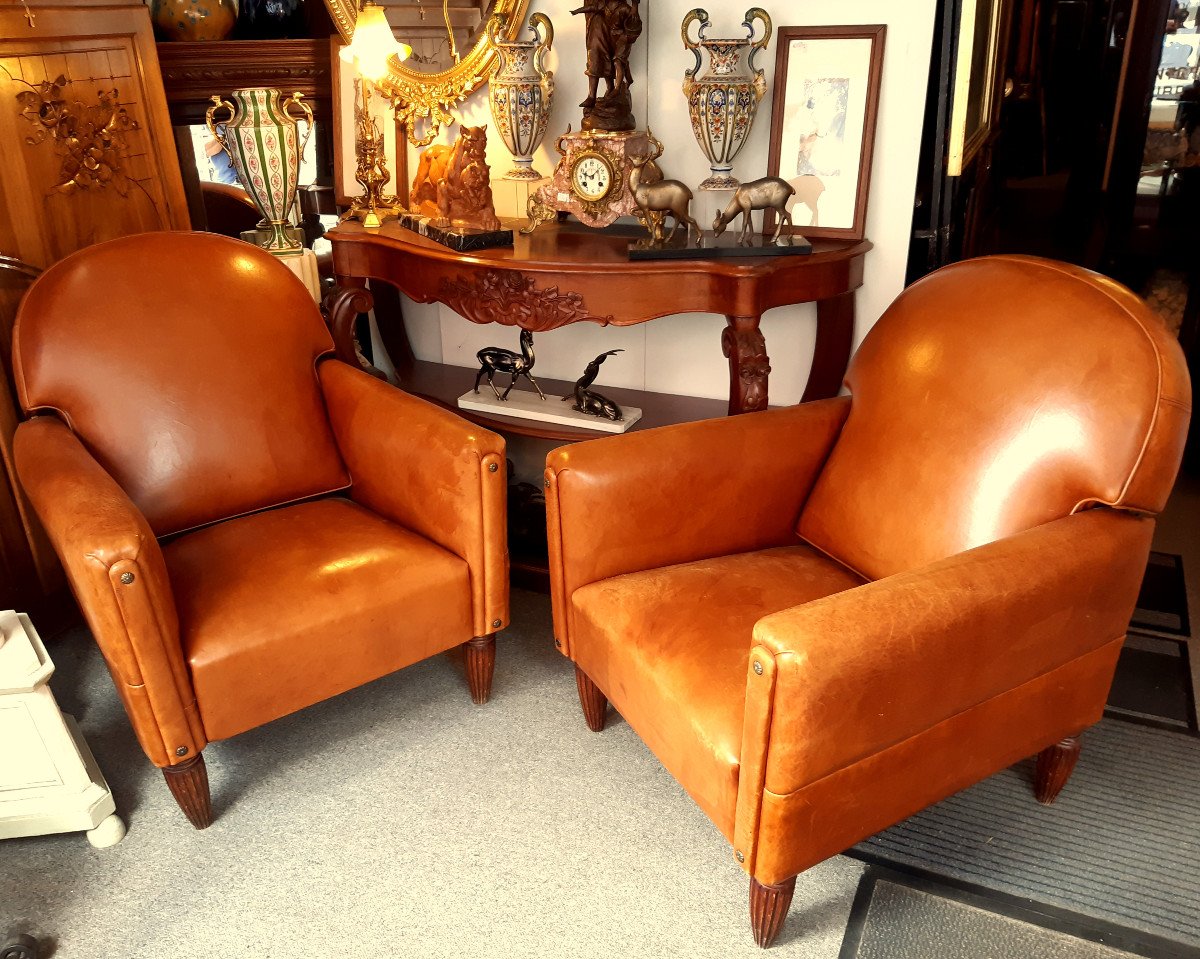  Club Armchair 1930 Art Deco Reclining Rounded Folder Havana Leather.