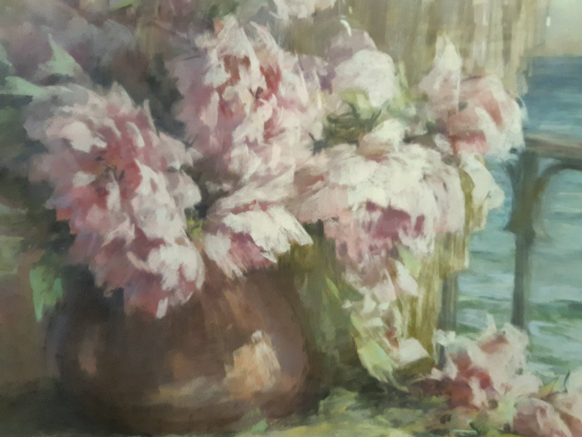 Large Pastel Bouquet Of Flower Roses By Jeanne Morache Breuilh (1870-1964)-photo-3