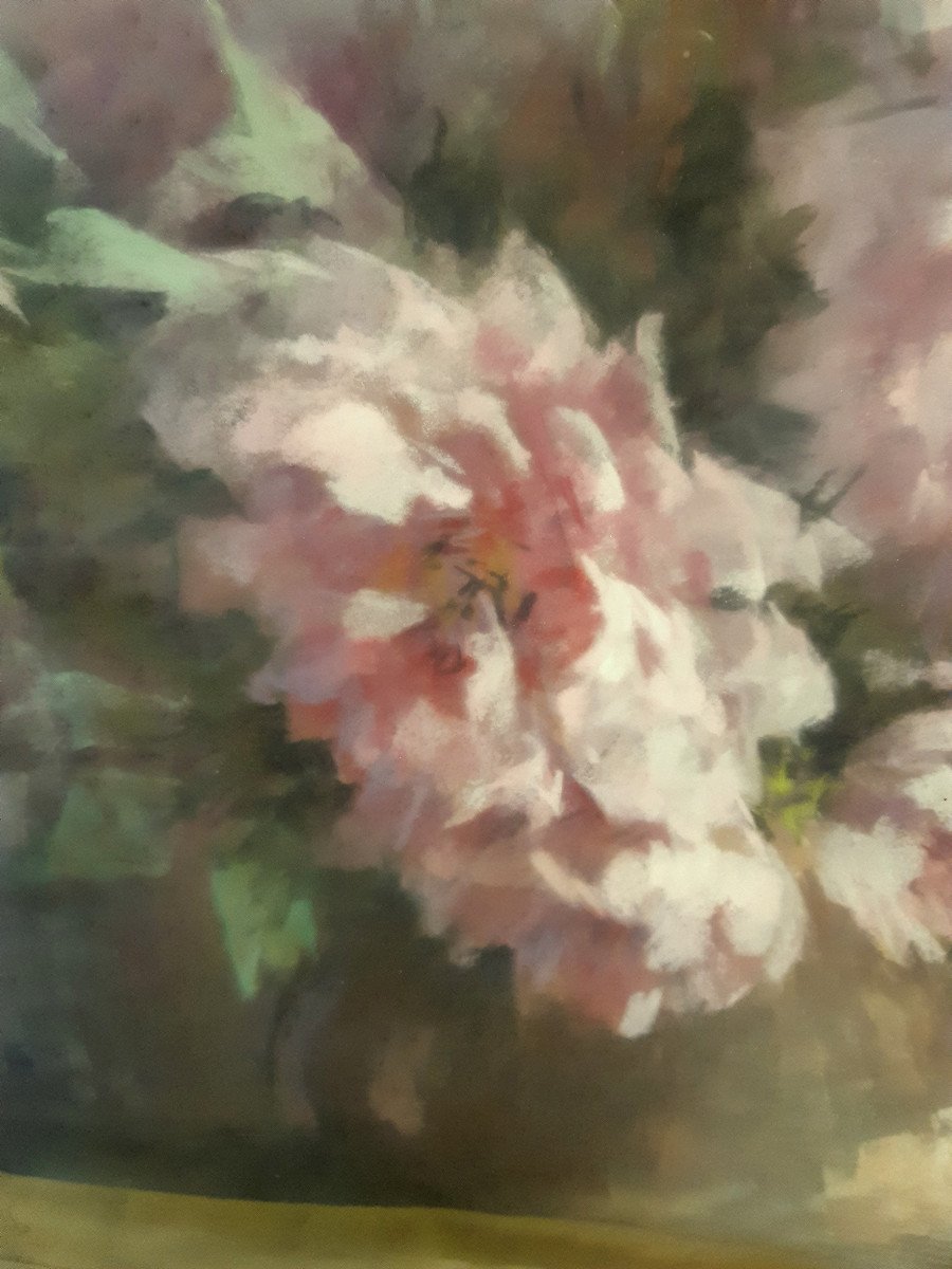 Large Pastel Bouquet Of Flower Roses By Jeanne Morache Breuilh (1870-1964)-photo-1
