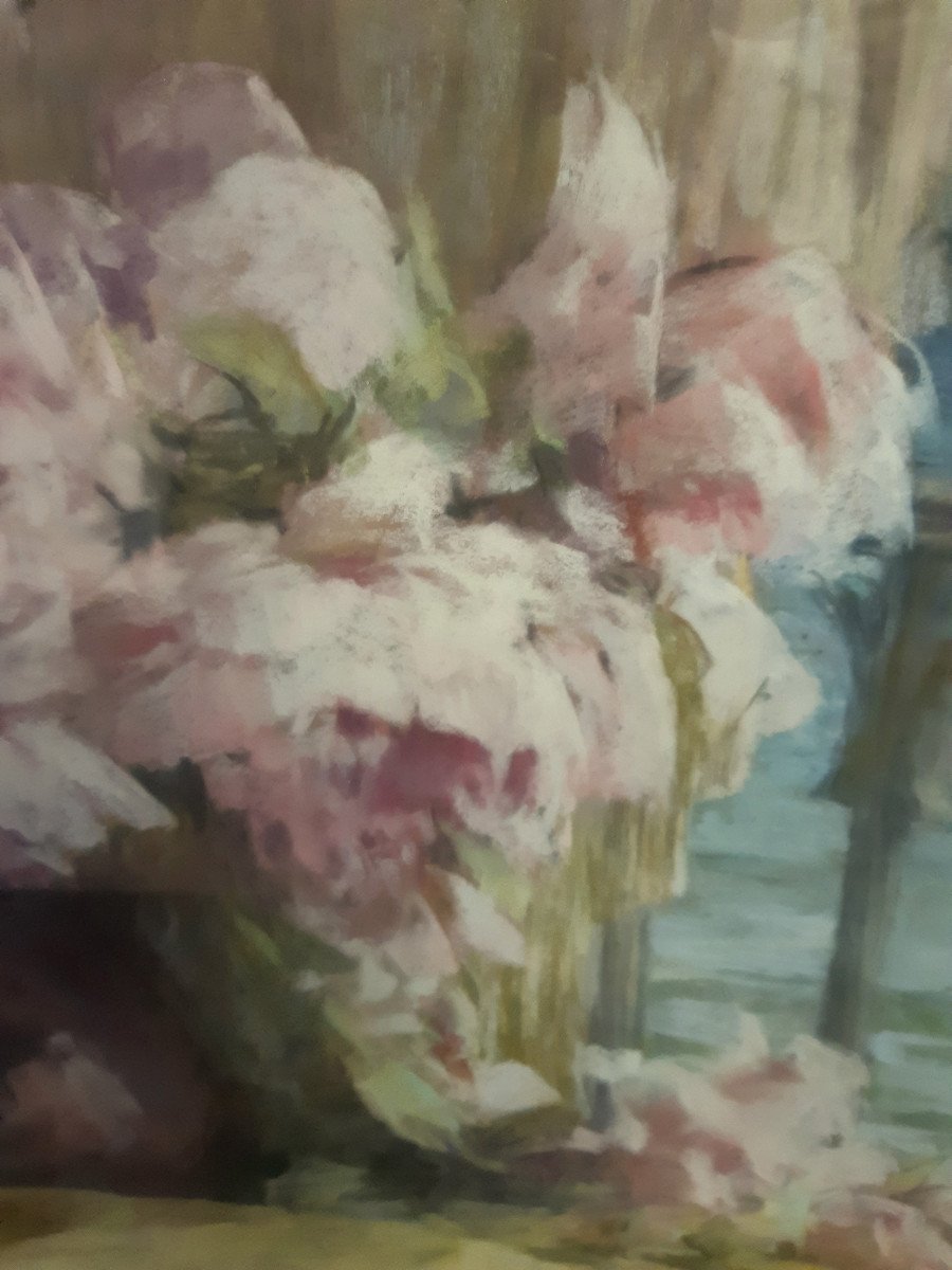 Large Pastel Bouquet Of Flower Roses By Jeanne Morache Breuilh (1870-1964)-photo-2