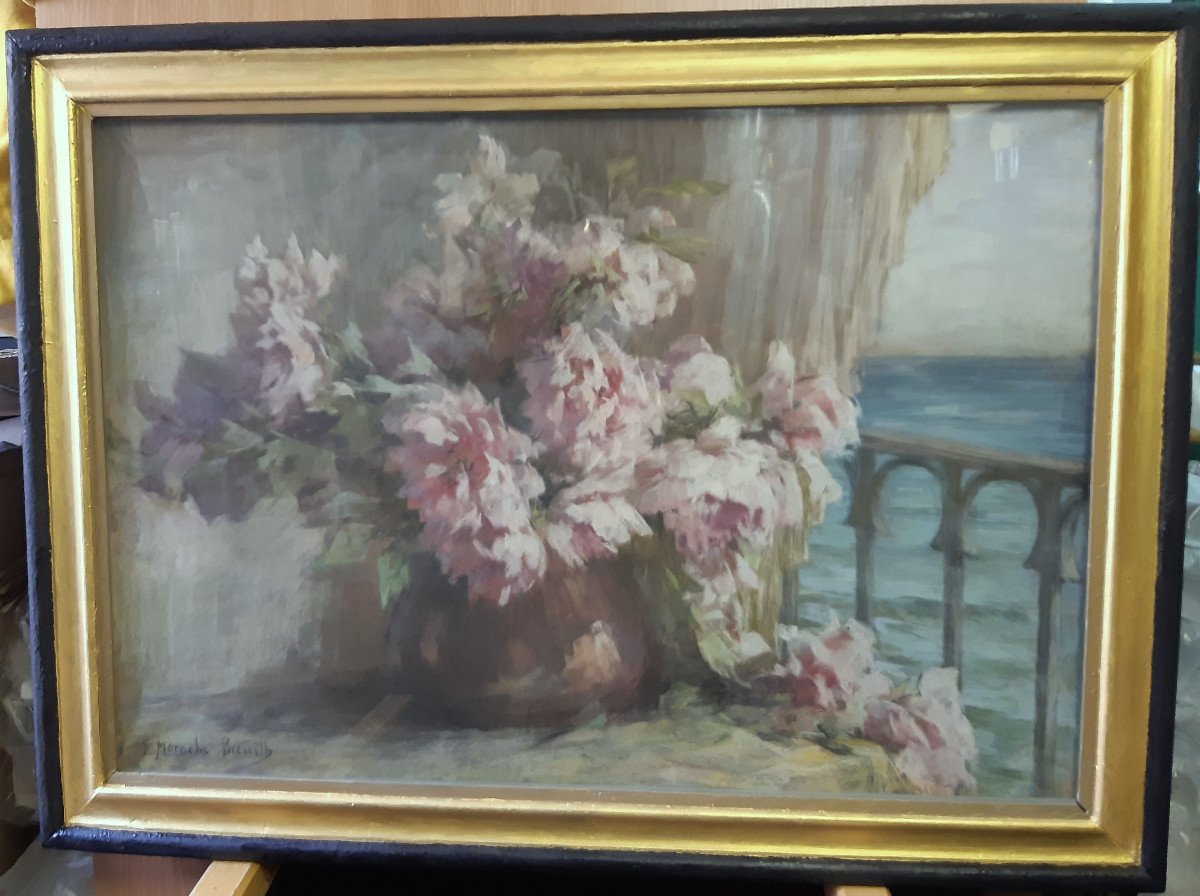Large Pastel Bouquet Of Flower Roses By Jeanne Morache Breuilh (1870-1964)-photo-4