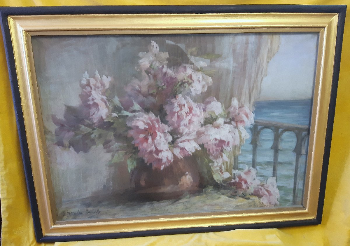 Large Pastel Bouquet Of Flower Roses By Jeanne Morache Breuilh (1870-1964)