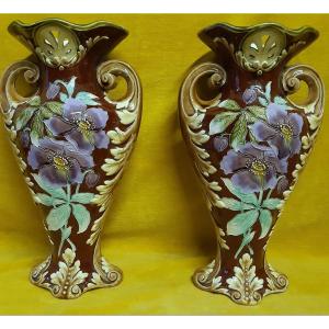 2 Large Art Nouveau Majolica Slip Vases Flower Decor Cloisonne Style 1900