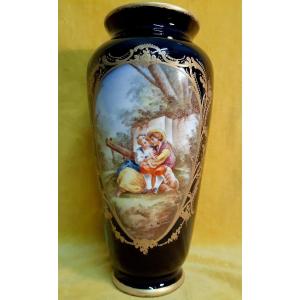 Large Sèvres Blue Porcelain Vase Gold Galante Scene Hand Painted A.marin19th