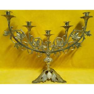 Grand Chandelier Bougeoir Plat Arc Bronze Doré Ciselé 5 Lumières D’autel 19éme Nap III