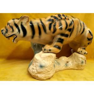 Large Ceramic Slip Of Tiger On The Hunt From The 1960s 1970s
