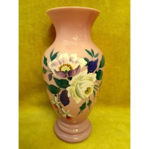 Bright Pink Opaline Vase Decorated With Art Nouveau Enameled Flowers 1900