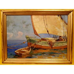 Mediterranean Fishing Boat And Its Boat By Guy Le Florentin (1907-1978) Painted In 1937