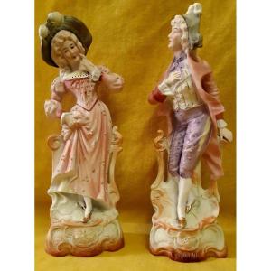   Couple Romantique Marquis Marquise St XVIII Grands Biscuits (28 cm) Colorés Et Dorés 19éme