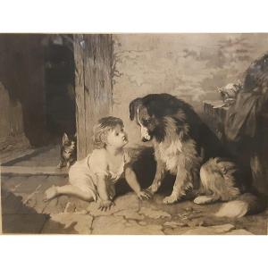English Engraving Published By B.brooks In 1876 Child Dog Cat Observing Himself