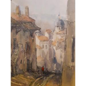 Watercolor By Lyonnais Painter Henry Grisot (1919-2014) Rue Casse-cou In Trevoux (ain)