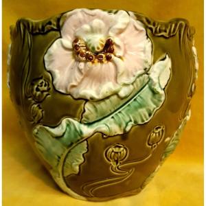 Art Nouveau Poppy Flowers Slush Pot Cache "1900" Fives Lille