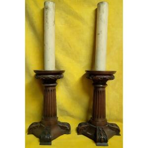 Pair Of Carved Walnut Candle Holders 19th