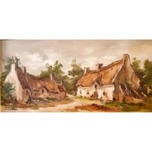 Grande Huile Sur Toile Fermes Chaumières Bretonne De Etienne BELLAN (1922-2000) 
