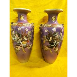 Pair Of Large Vases (47 Cm) Purple Background Samurai Combat Decor Imperial Japan Meiji 19th