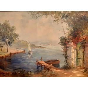 Large Post-impressionist Painted Canvas Of Lake Annecy By Carl Sim (19th-20th Century)