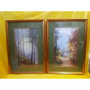 Pair Of Watercolors Chapelle Et Sous-bois Impressionist Style Marceline Amblot (1897-1935)