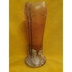 Vase Legras (1839-1916) Montjoye St Denis Paysage d'Hiver Enamelled Art Nouveau 