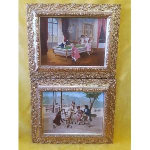 Pair Of Oil Paintings On Canvas: "park Scene" And "billiards Lesson," 18th-century Style, 1900