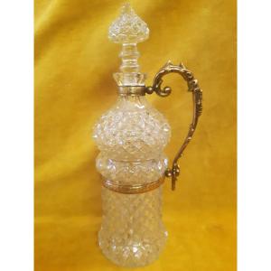 Grande Carafe Bouteille Ansée Bronze Aiguière Cristal Motif Diamant 19éme
