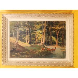 Large Painting By Van Dors: "woodland Glade, Pond, And Does Drinking"