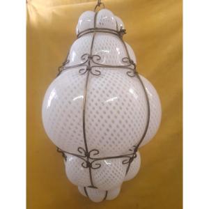Grande Lanterne Lampe Vénitienne Verre Soufflé Motif Reticello Murano Vintage 1950 1960 