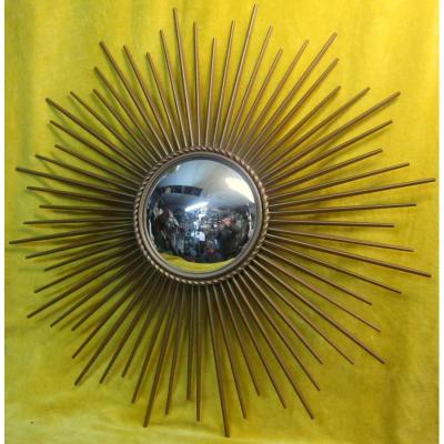 Mirror Sun Domed '' Sorciére '' Gold Metal Chaty Vallauris 60/70